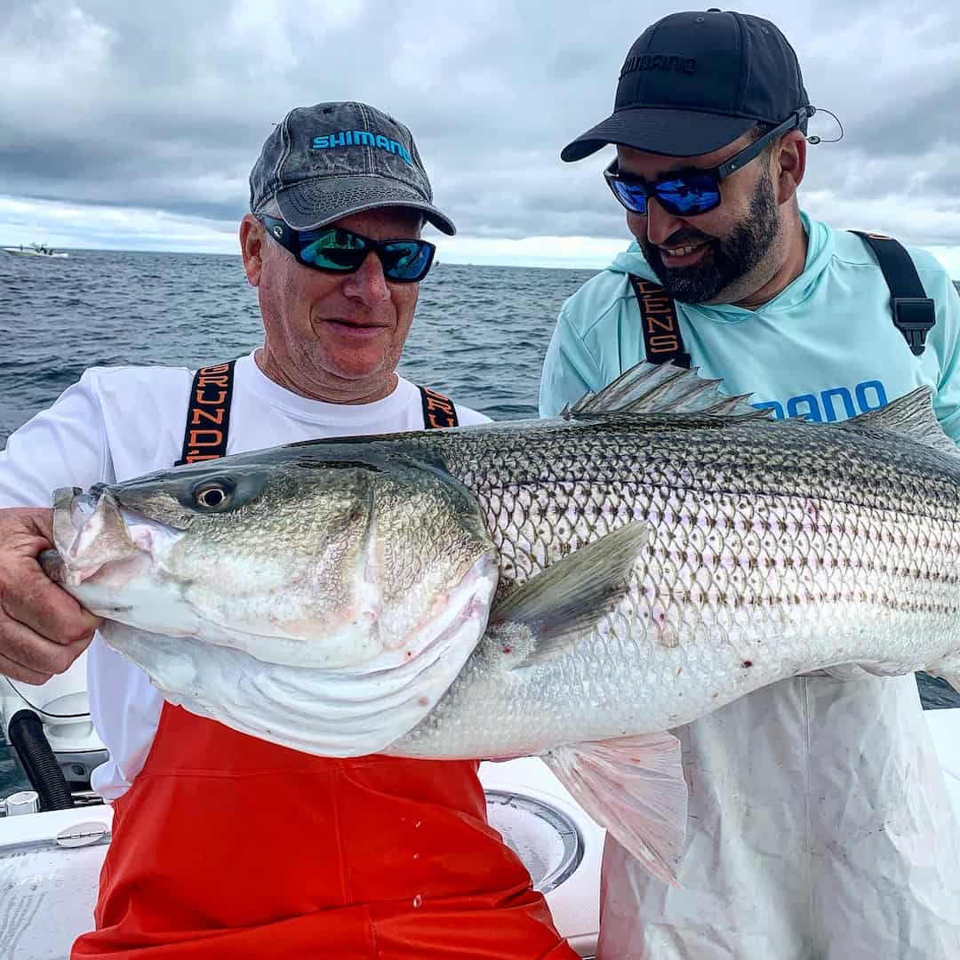 Two fishermen holding a large striped bass